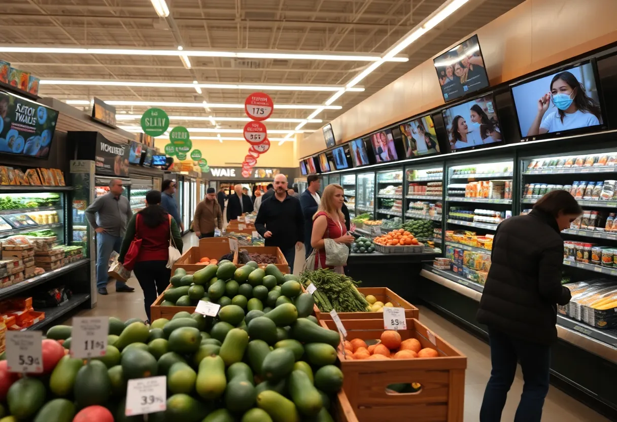 Inside an Albuquerque grocery store showing price hikes on avocados and electronics