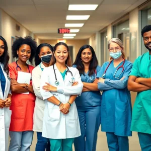 A diverse group of health care professionals at UNM Hospital