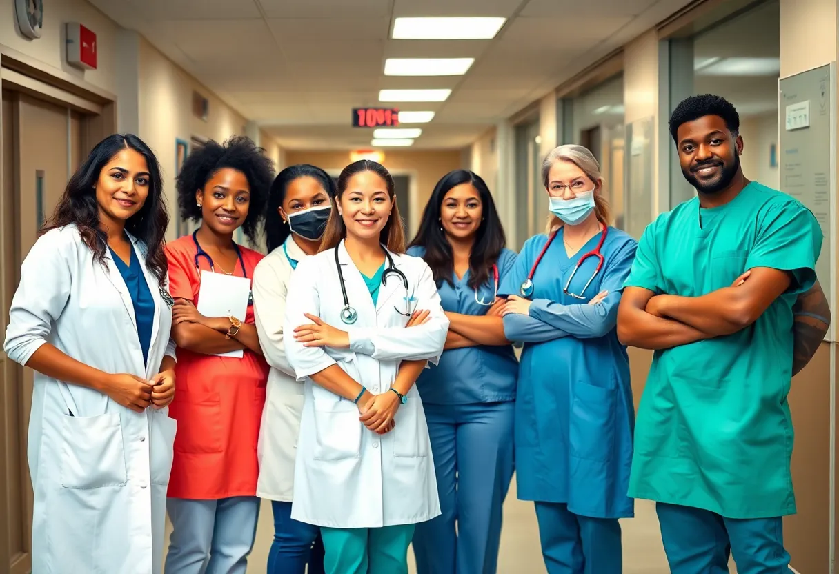 A diverse group of health care professionals at UNM Hospital