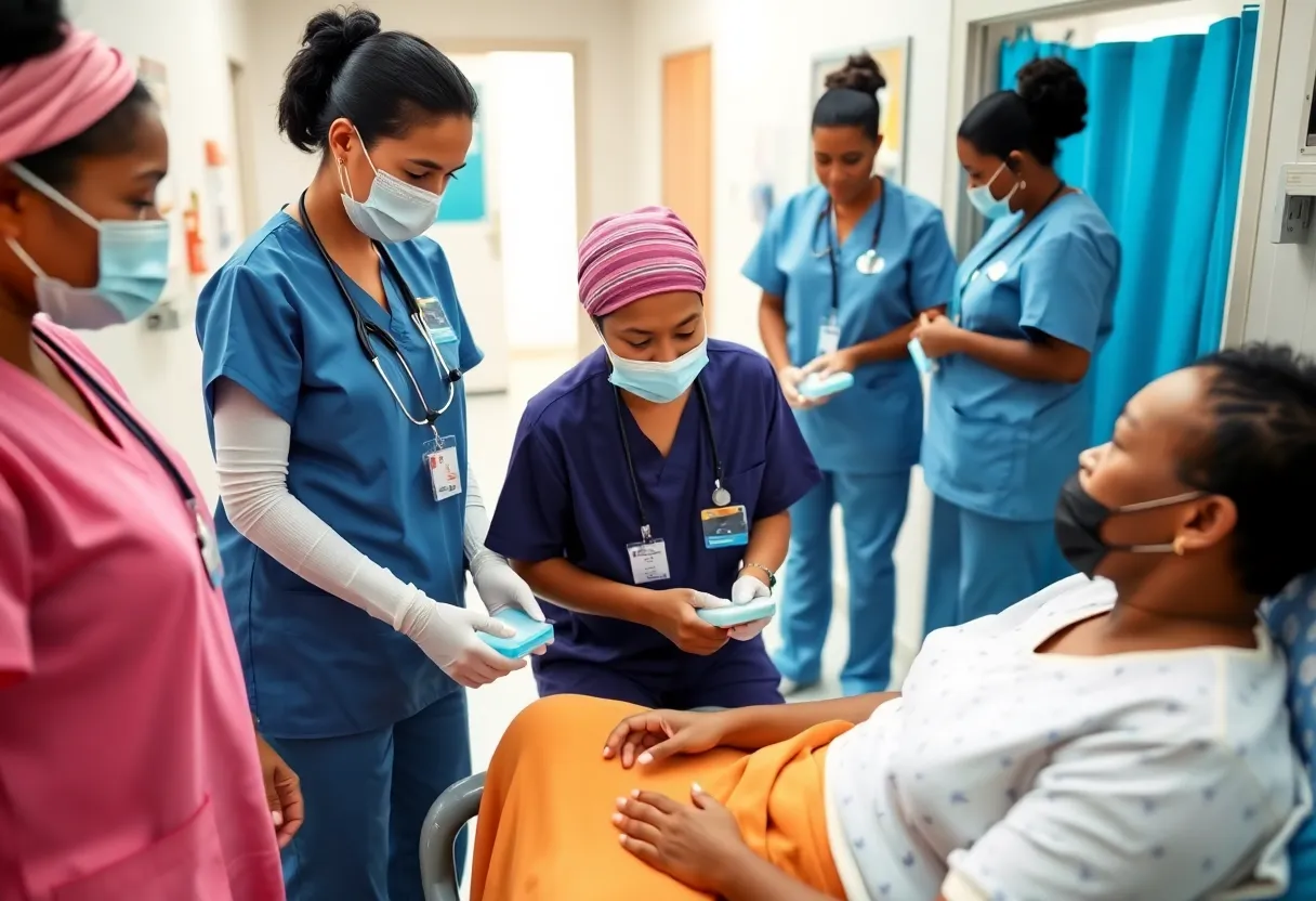 Health care workers assisting patients in a hospital
