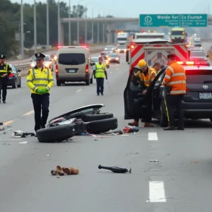 Scene of a high-speed crash on I-40 with police and emergency responders