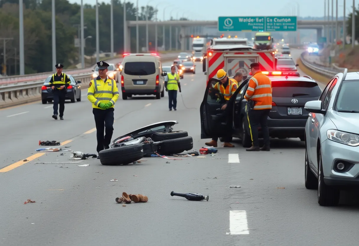 Scene of a high-speed crash on I-40 with police and emergency responders