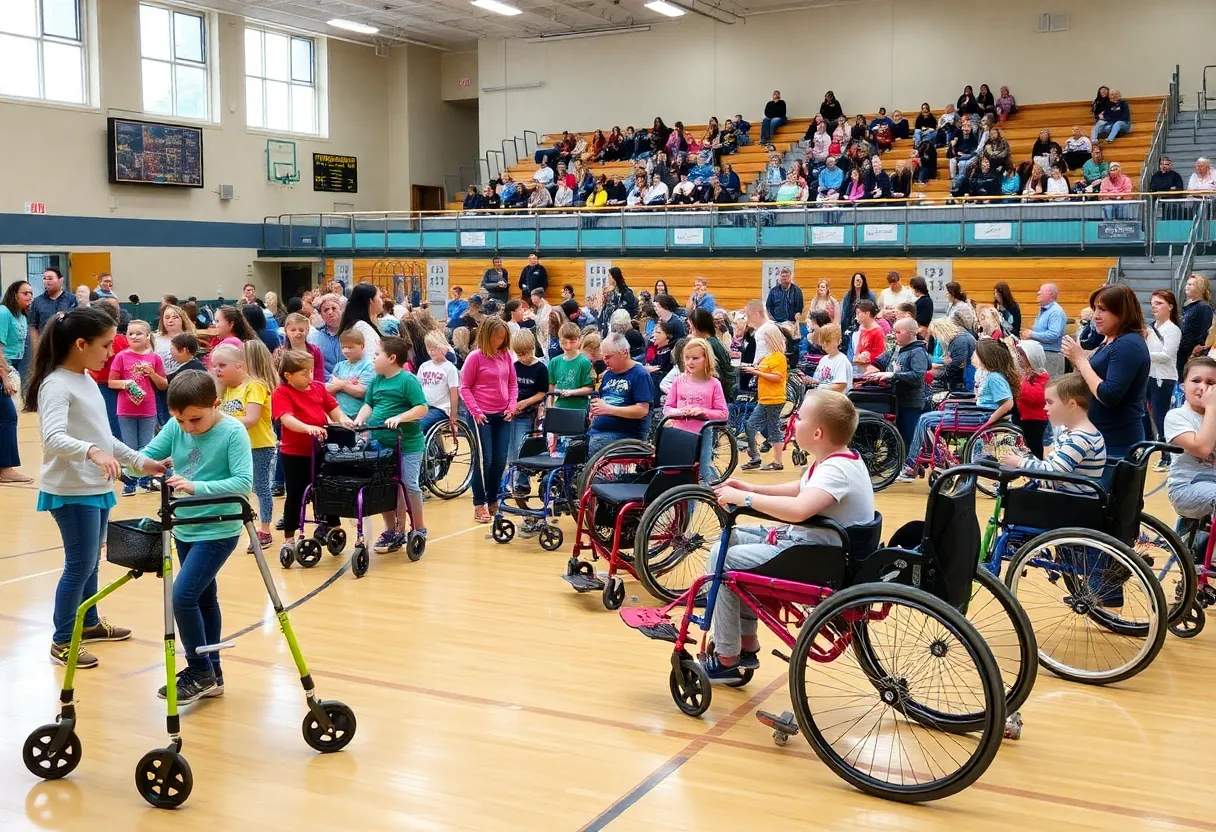 Participants engaging in wheelchair fittings and mobility aid demonstrations at Highland High School.