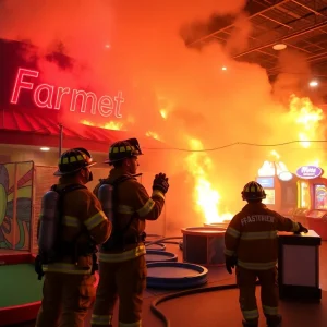 Firefighters responding to a fire at Hinkle Family Fun Center in Albuquerque.