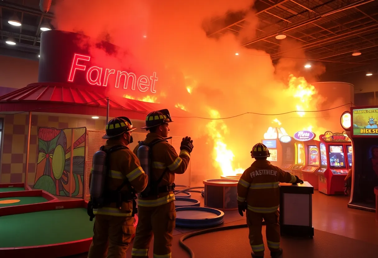 Firefighters responding to a fire at Hinkle Family Fun Center in Albuquerque.