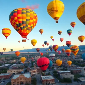 Colorful hot air balloons floating over Albuquerque during the Balloon Fiesta.