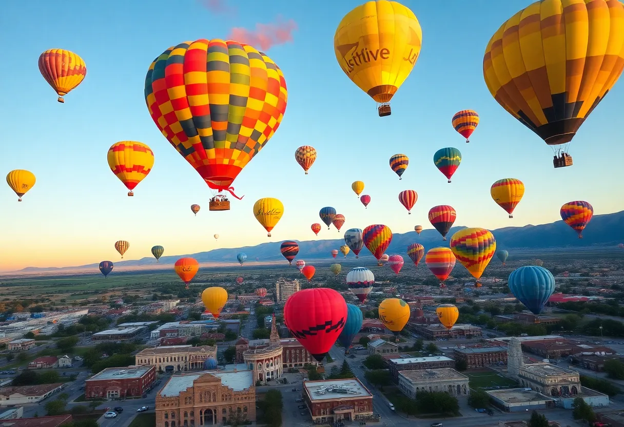 Colorful hot air balloons floating over Albuquerque during the Balloon Fiesta.