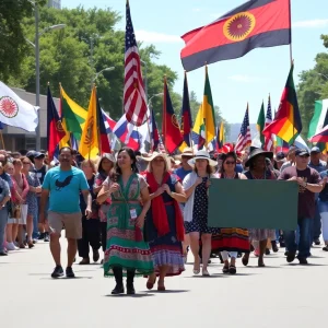 Parade participants celebrating Indigenous Peoples' Day in Albuquerque with flags and traditional attire.