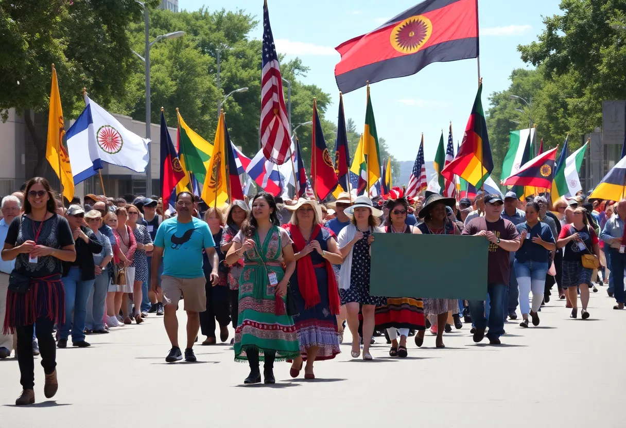 Parade participants celebrating Indigenous Peoples' Day in Albuquerque with flags and traditional attire.