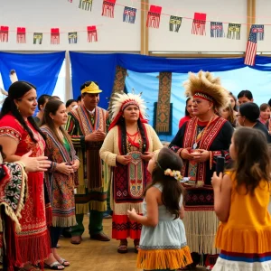 Families celebrating Indigenous Peoples' Day with traditional dances in Albuquerque.