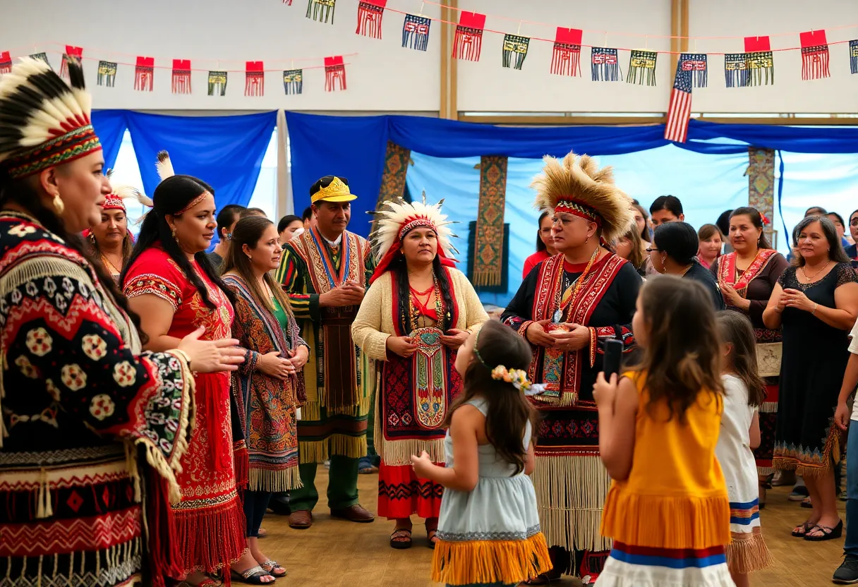 Families celebrating Indigenous Peoples' Day with traditional dances in Albuquerque.