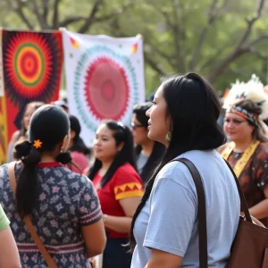 Celebration of Indigenous Peoples' Day in Albuquerque with community participants and traditional artwork.