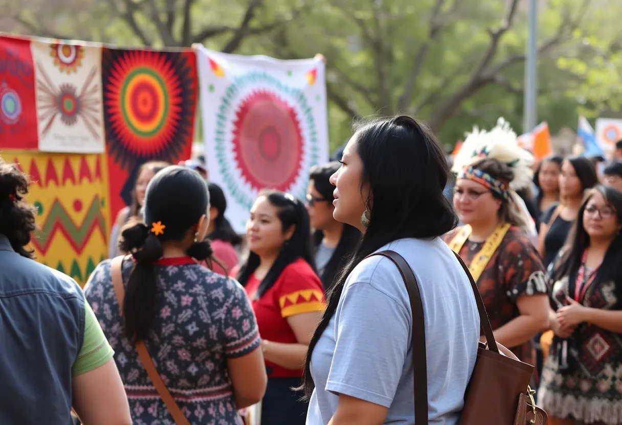 Celebration of Indigenous Peoples' Day in Albuquerque with community participants and traditional artwork.