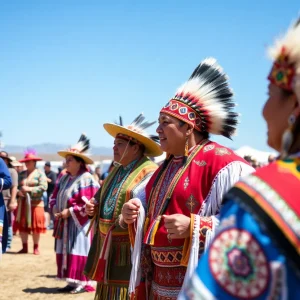 Participants engaging in traditional powwow dances at Indigenous Peoples' Day celebration in Albuquerque.