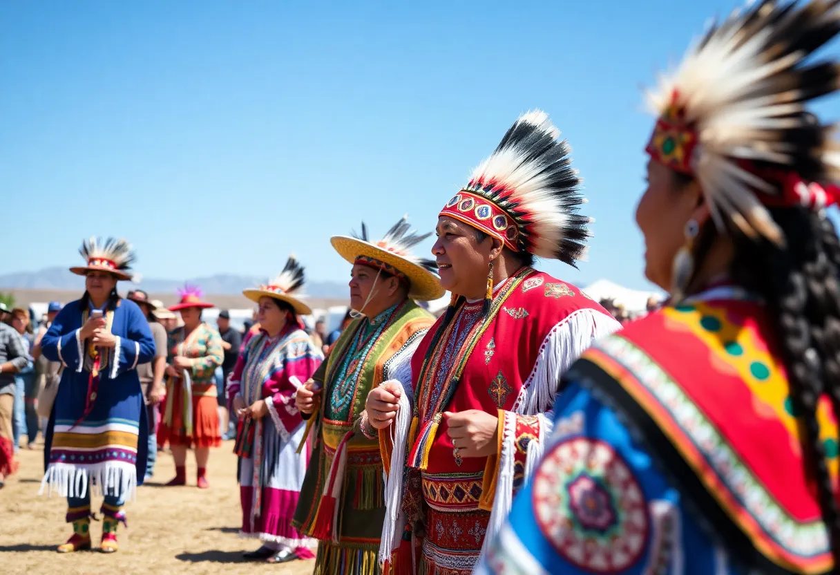 Participants engaging in traditional powwow dances at Indigenous Peoples' Day celebration in Albuquerque.