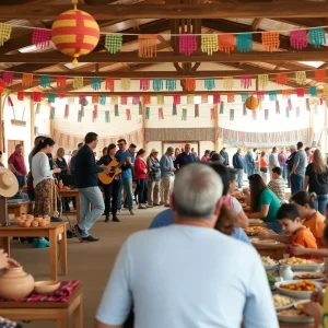 Scene from the Indigenous Peoples' Day Festival at Indian Pueblo Cultural Center with attendees participating in various activities.