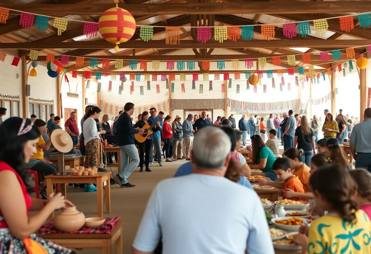 Scene from the Indigenous Peoples' Day Festival at Indian Pueblo Cultural Center with attendees participating in various activities.