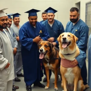 Inmates celebrating graduation with shelter dogs at a penitentiary.