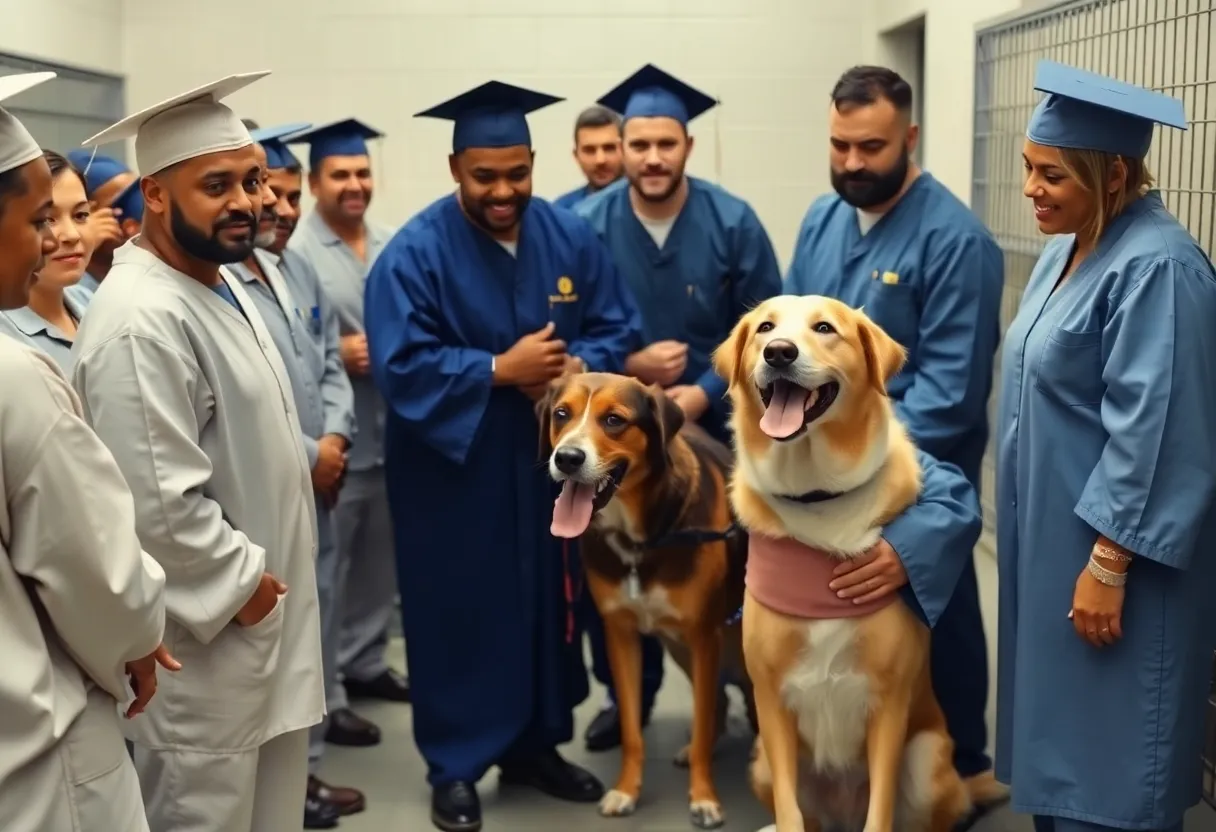 Inmates celebrating graduation with shelter dogs at a penitentiary.