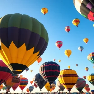 Aerial view of colorful hot air balloons during the final ascent at the International Balloon Fiesta in Albuquerque.