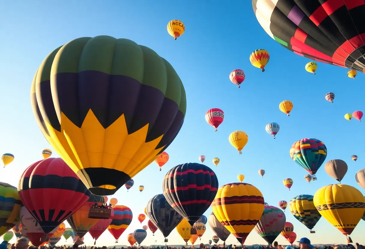 Aerial view of colorful hot air balloons during the final ascent at the International Balloon Fiesta in Albuquerque.