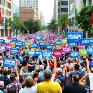 Rally for John Smith's mayoral campaign in Civic Plaza, Albuquerque.