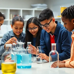 Students participating in a chemistry class under supervision in a safe lab environment