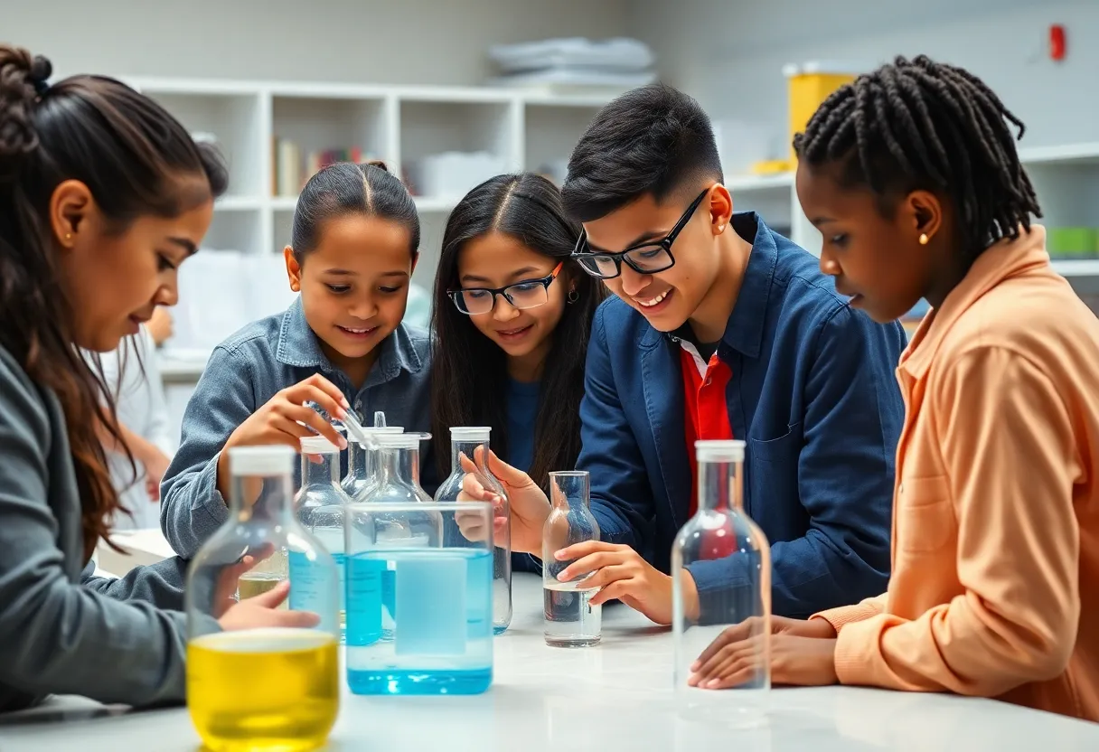 Students participating in a chemistry class under supervision in a safe lab environment