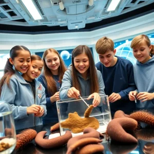 Students conducting a marine life experiment related to space science.