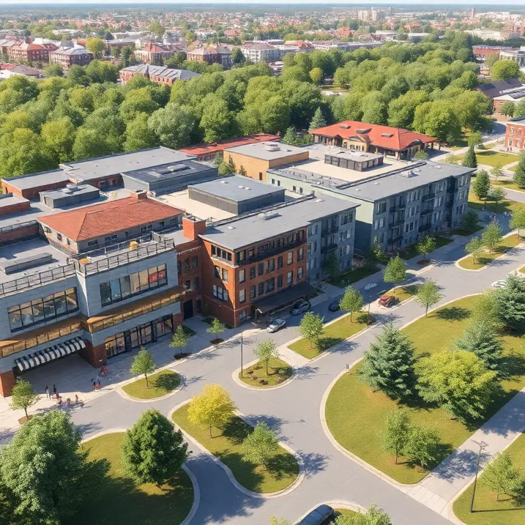 Conceptual design of the Lobo Crossing development in Albuquerque featuring retail, housing, and green spaces.