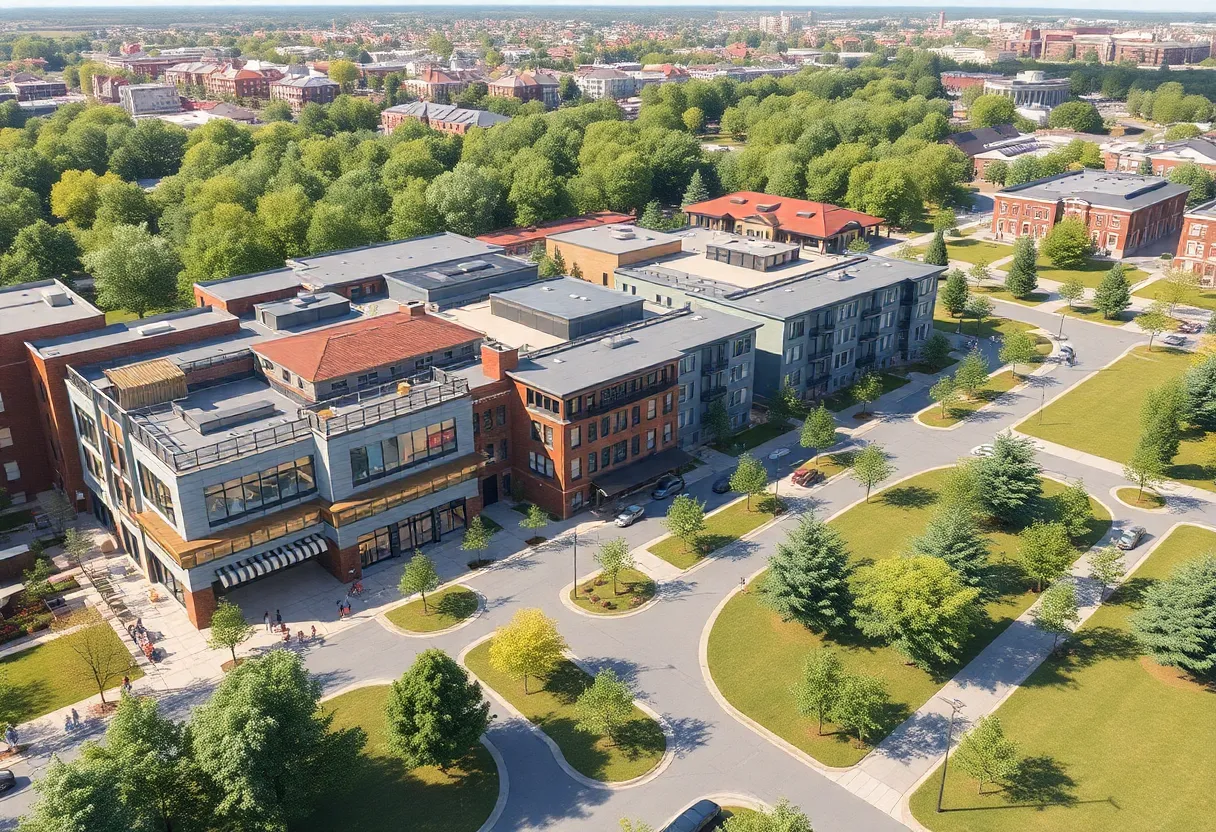Conceptual design of the Lobo Crossing development in Albuquerque featuring retail, housing, and green spaces.