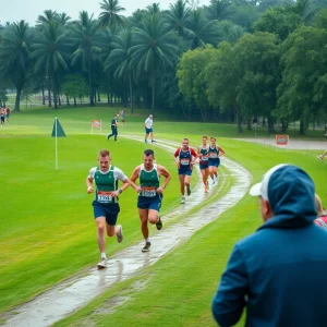 Lobo Invitational cross country race in Albuquerque with runners competing under rainy conditions.