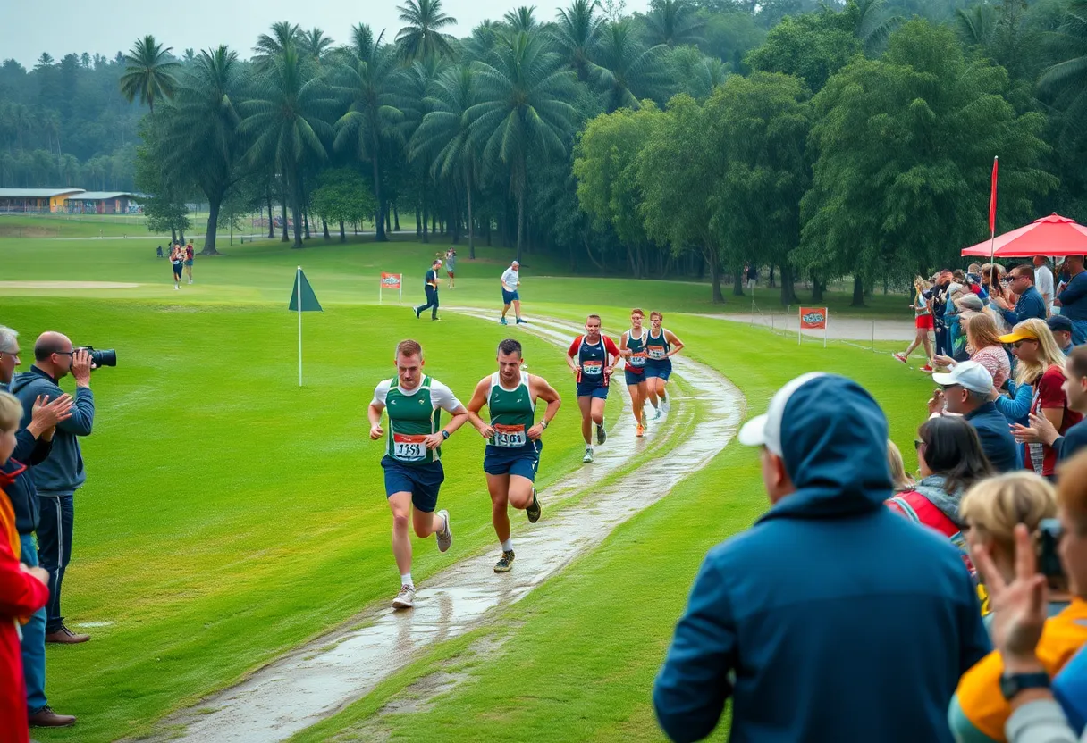 Lobo Invitational cross country race in Albuquerque with runners competing under rainy conditions.