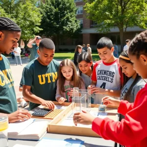 Students participating in hands-on STEM activities with university athletes