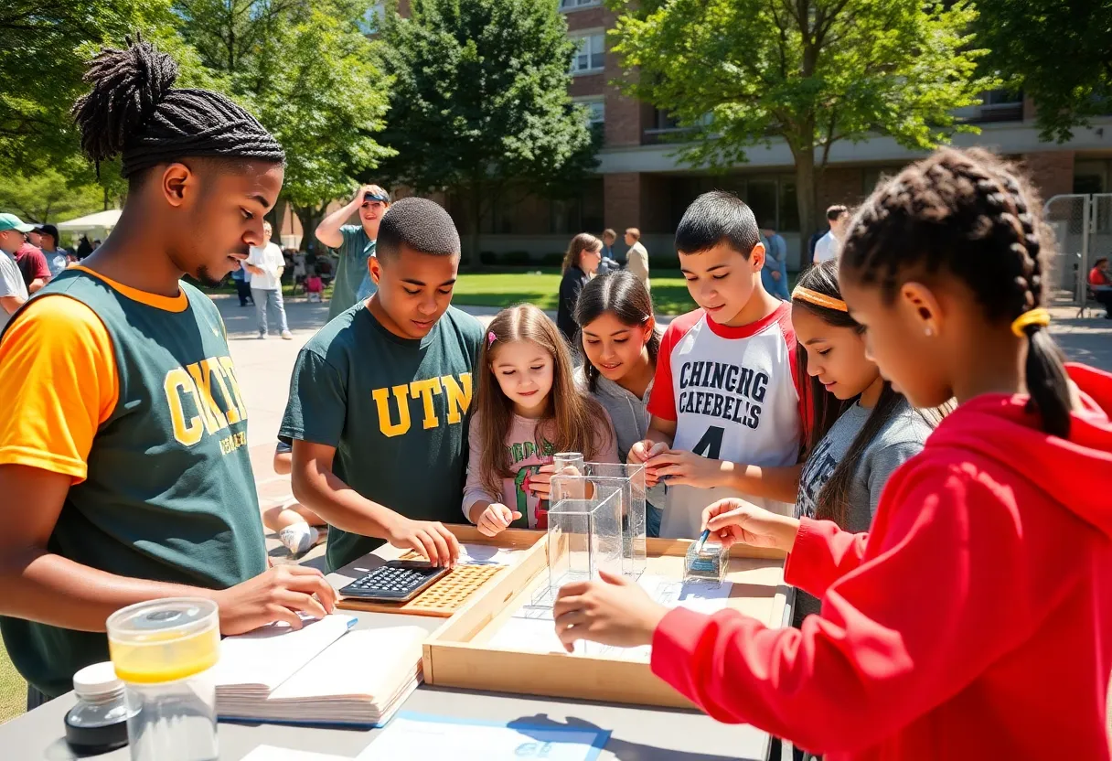 Students participating in hands-on STEM activities with university athletes
