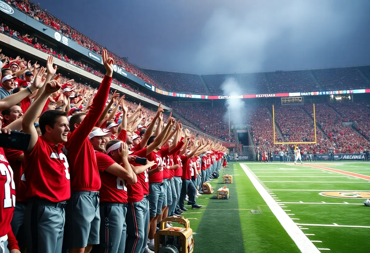 University of New Mexico Lobos football fans celebrating a victory at University Stadium.