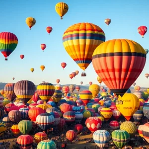 Colorful hot air balloons rising into the sky at the Albuquerque International Balloon Fiesta