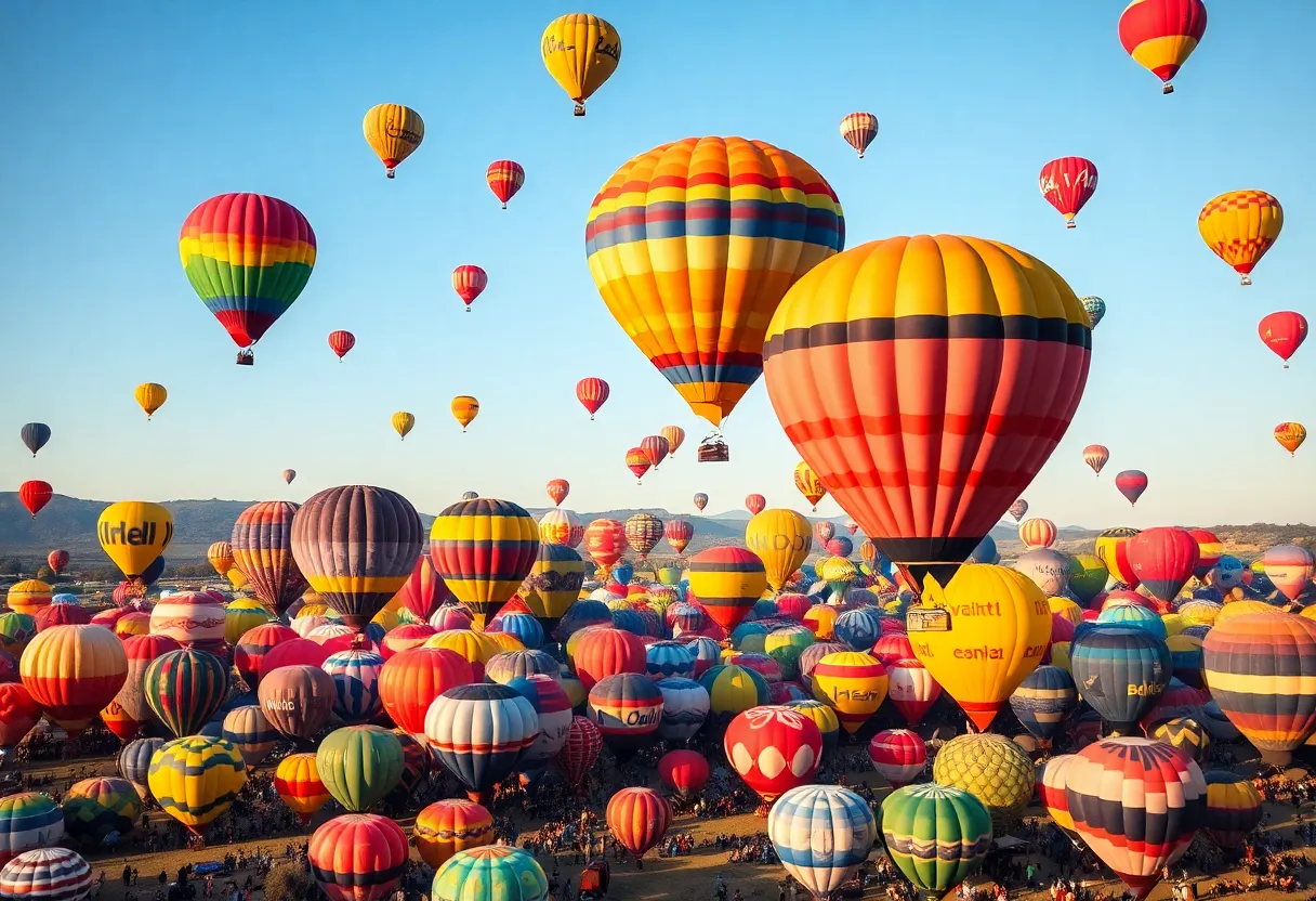 Colorful hot air balloons rising into the sky at the Albuquerque International Balloon Fiesta
