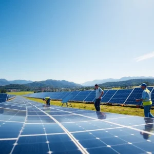 Construction site of Maxeon Solar manufacturing facility in Albuquerque, showcasing solar panel production.