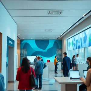 Interior of the MaxQ@Kirtland branch with customers and modern banking technology