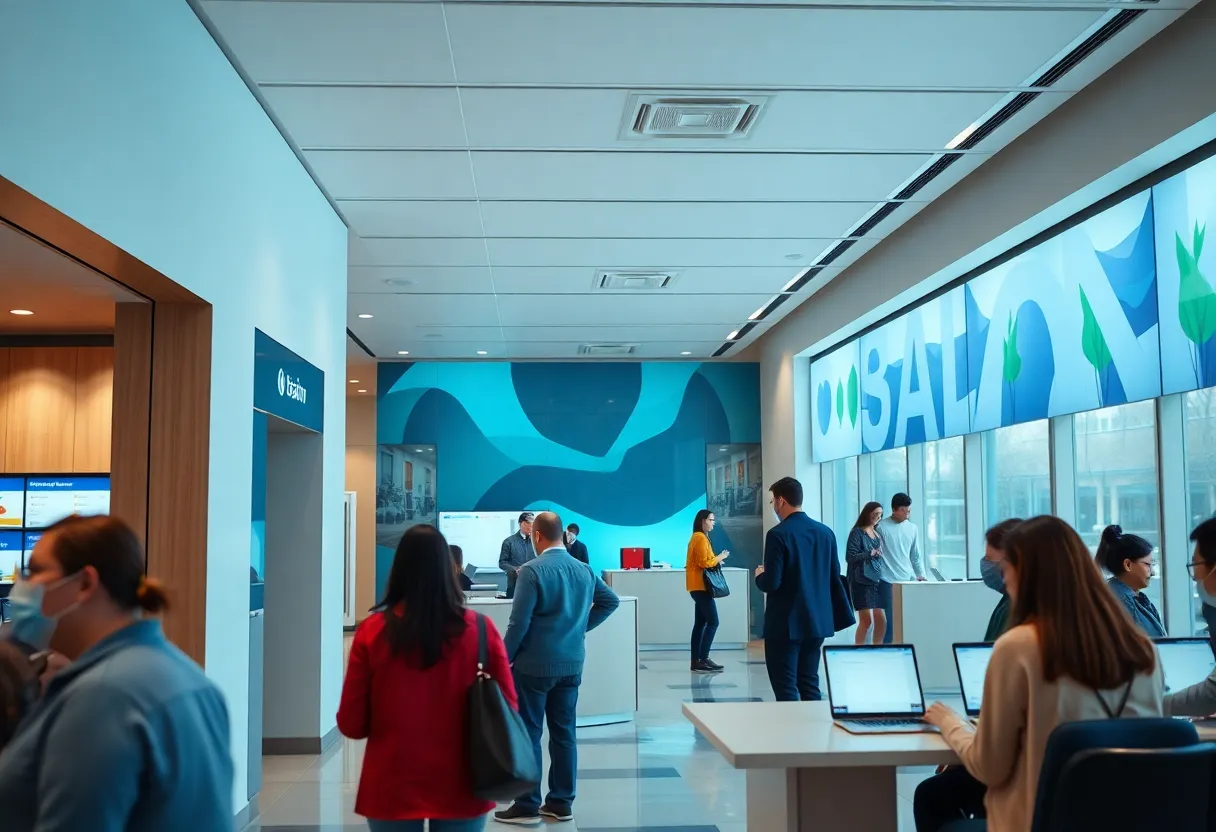 Interior of the MaxQ@Kirtland branch with customers and modern banking technology