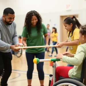 Students and families participating in adaptive sports at a mobility clinic.