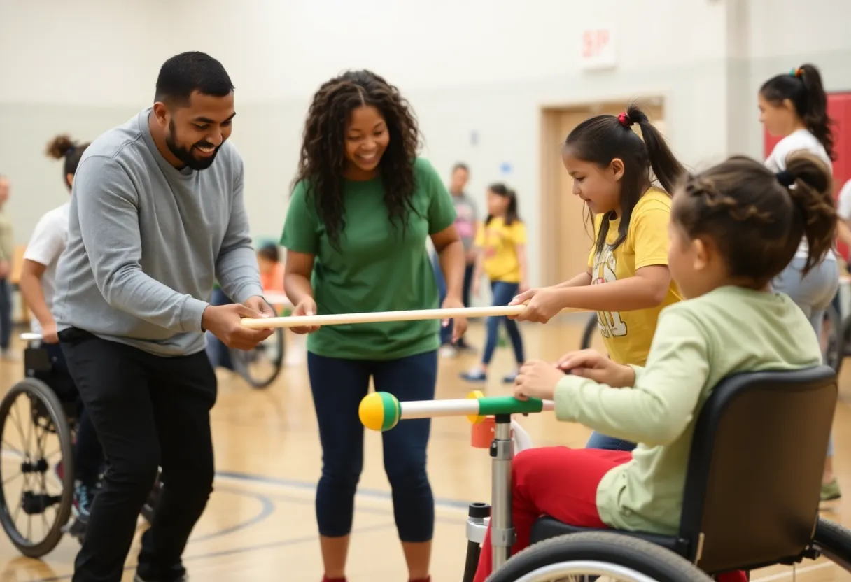 Students and families participating in adaptive sports at a mobility clinic.