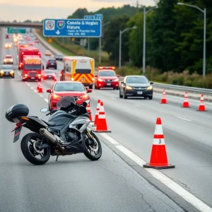 Scene of a motorcycle crash on I-25 in Albuquerque with emergency vehicles