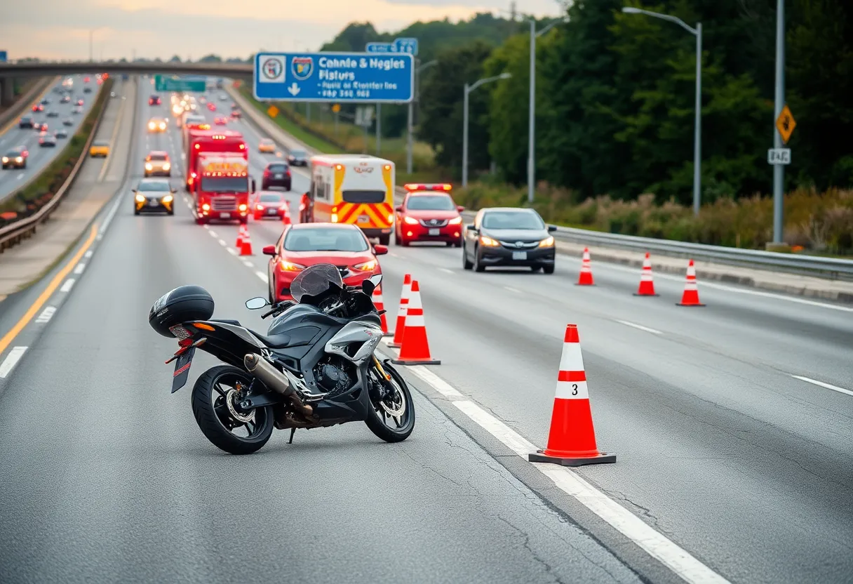 Scene of a motorcycle crash on I-25 in Albuquerque with emergency vehicles