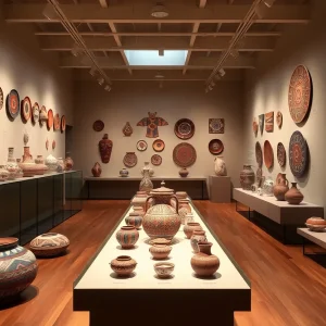 Display of Native American pottery at the Clay Voices exhibit in Albuquerque.