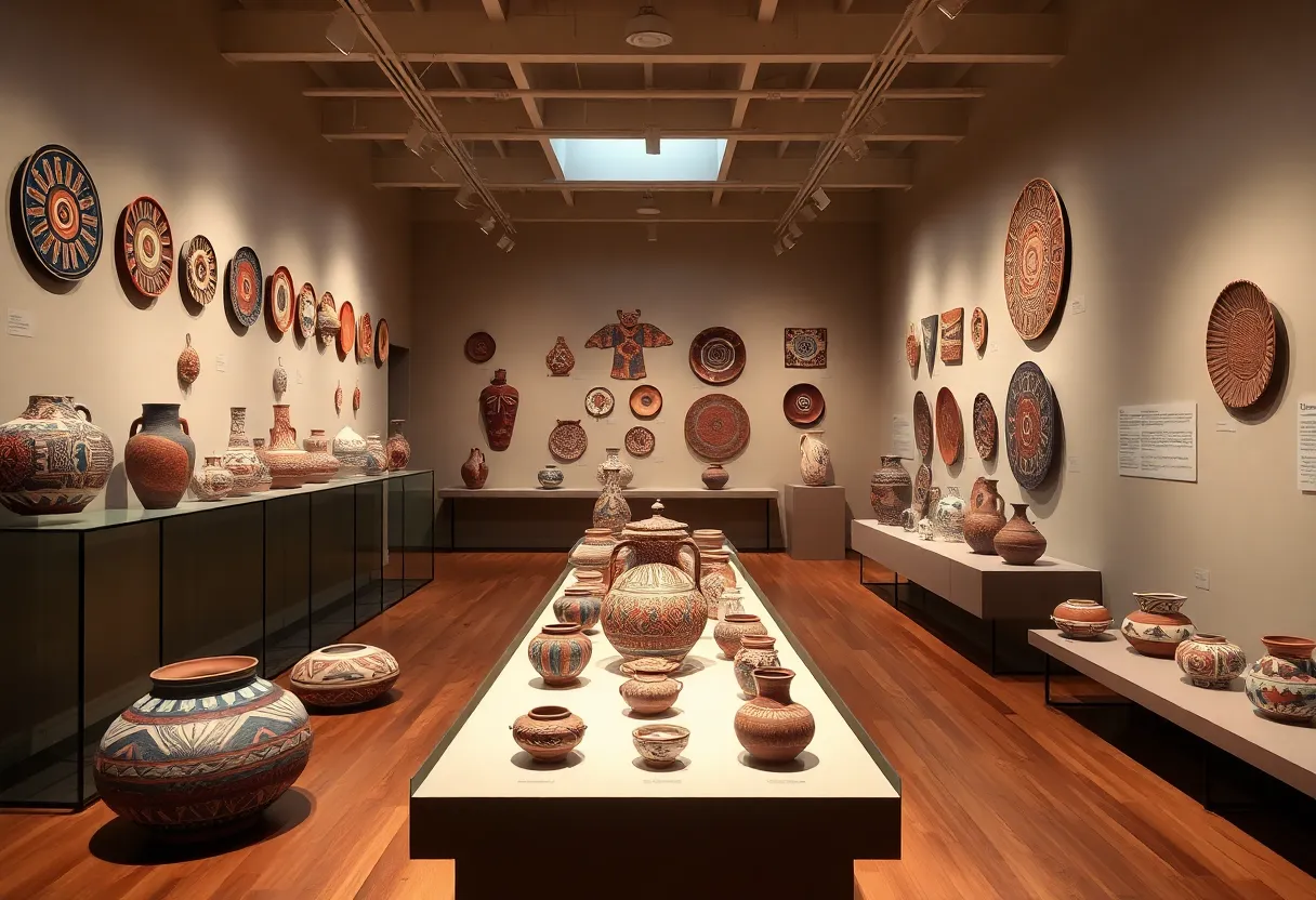 Display of Native American pottery at the Clay Voices exhibit in Albuquerque.