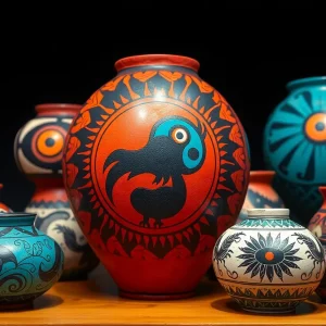 Display of contemporary Native American pottery incorporating futuristic themes