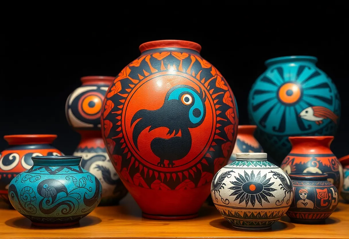 Display of contemporary Native American pottery incorporating futuristic themes
