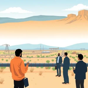 Community members discussing the New Mexico Gas Company sale with pipelines in the background.